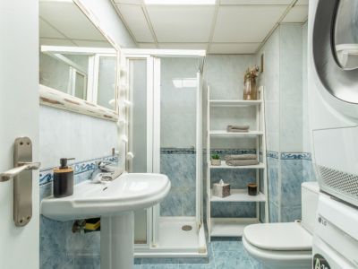 Baño funcional con azulejos azules, lavabo de pedestal, cabina de ducha y lavadora/secadora LG apiladas. Estantería tipo escalera para almacenamiento.