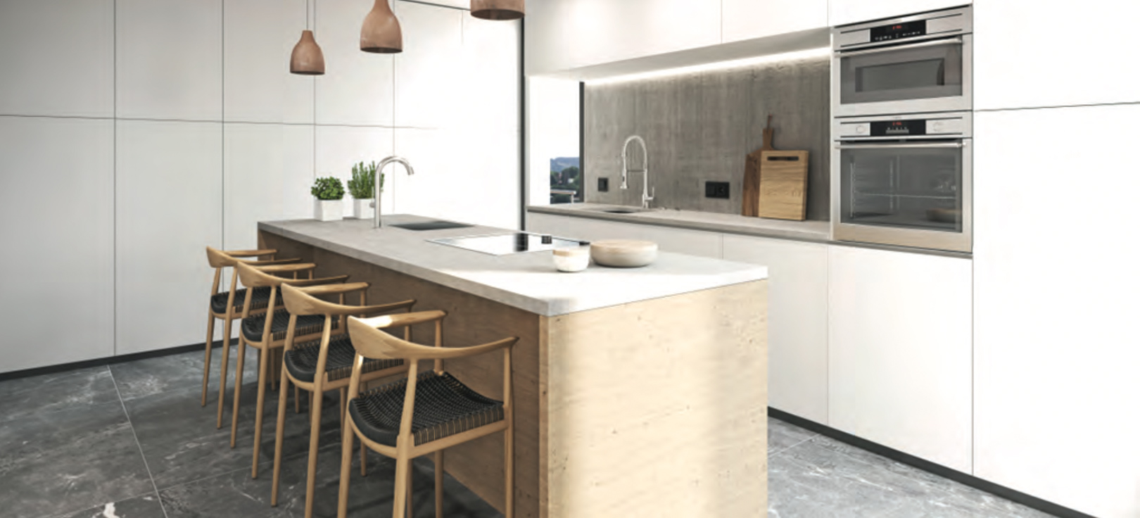 Cocina moderna con isla de hormigón claro, placa de inducción y fregadero integrados, taburetes de madera y armarios blancos sin tiradores. Iluminación empotrada en el salpicadero de hormigón.