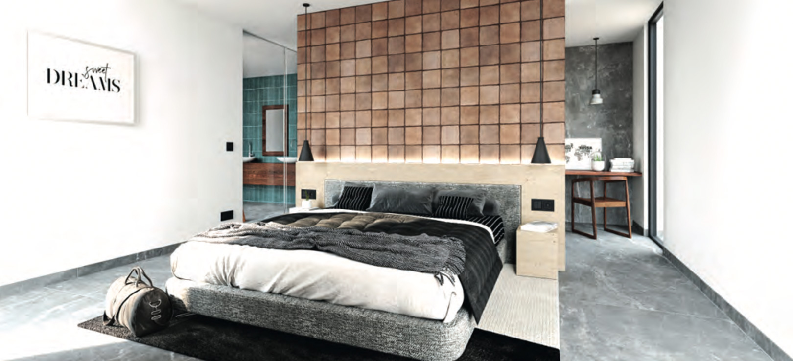 Dormitorio principal con cabecero de pared alicatada en tonos tierra, cama tapizada gris y baño en-suite visible con azulejos turquesa. Incluye un rincón de estudio.