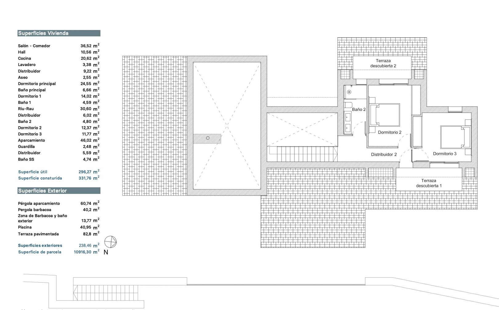 Plano detallado que ilustra la distribución de la planta superior, incluyendo Dormitorio 2, Dormitorio 3, Baño 2, Distribuidor 2 y dos terrazas descubiertas. Se listan las superficies.