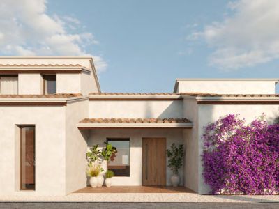 La fachada de la villa exhibe estuco blanco, tejas de terracota tradicionales y una puerta de entrada de madera. Una buganvilla vibrante decora una pared, junto a plantas en maceta y olivos.