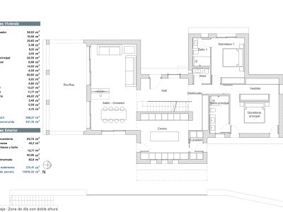 Plano de planta baja detallando la distribución de salón-comedor, cocina, suite principal con vestidor, un dormitorio adicional y el espacio exterior Riu-Rau.