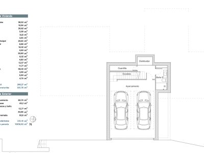 Plano de planta baja/sótano detallando aparcamiento para dos vehículos, escalera, guardilla, distribuidor y baño de servicio. Se visualizan las superficies interiores y exteriores.