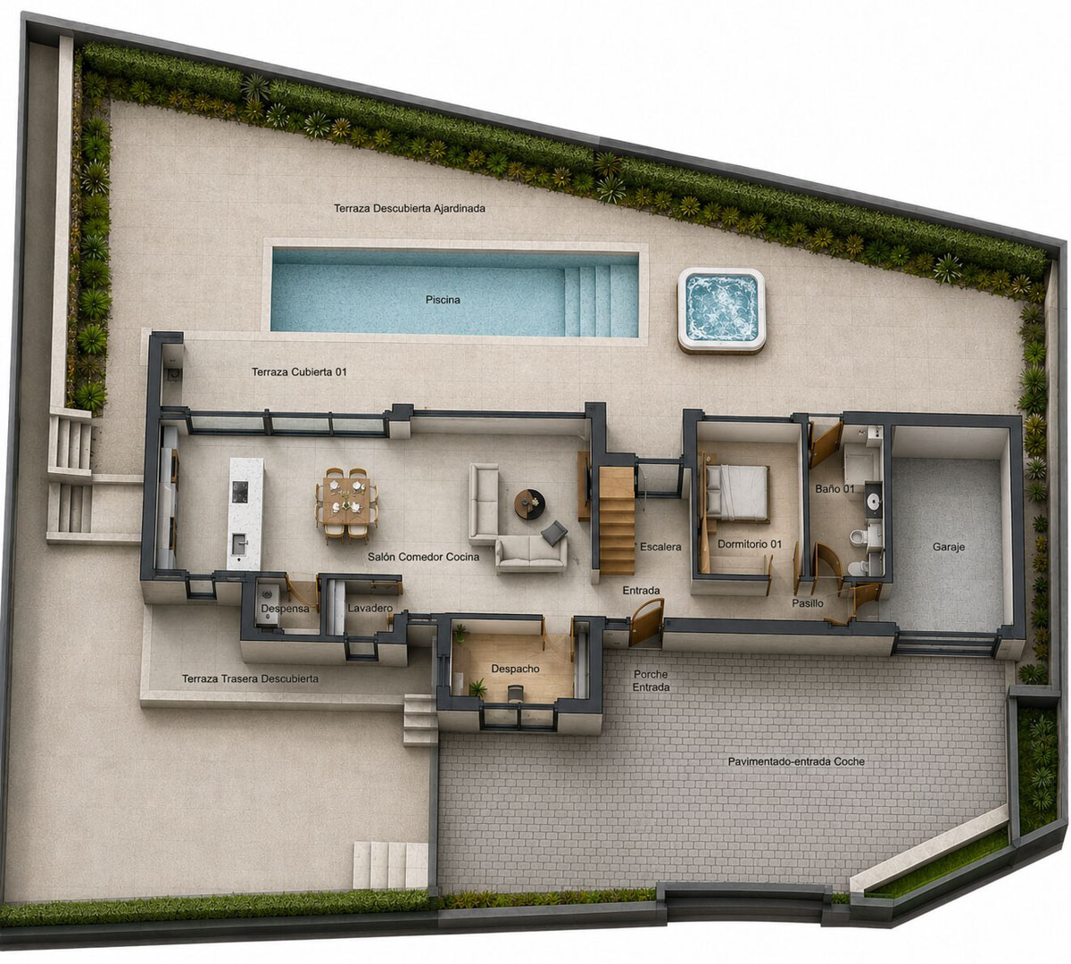 Plano de la planta baja con salón-comedor-cocina integrado, dormitorio, despacho, garaje y acceso directo a piscina, jacuzzi y terrazas ajardinadas.