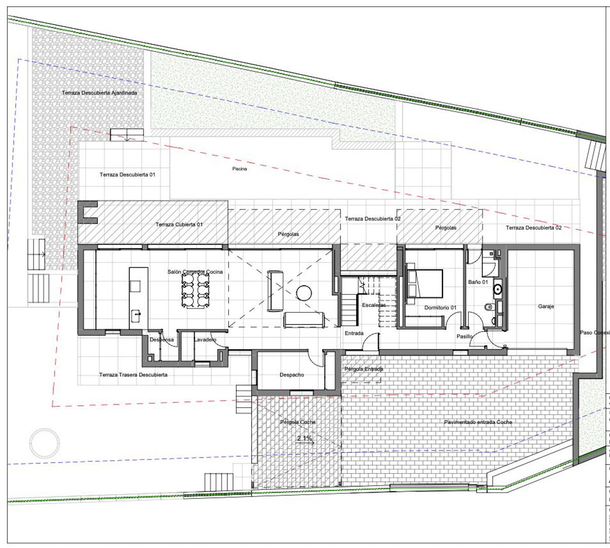 Plano de planta baja que muestra la distribución funcional con salón-comedor-cocina integrado, dormitorio con baño, garaje, despacho y lavadero. Destacan las amplias terrazas, pérgolas y piscina.