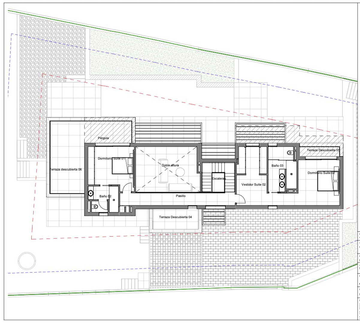 Plano detallado de la planta superior, mostrando dos dormitorios en suite, un salón de doble altura y varias terrazas exteriores, incluyendo una pérgola.