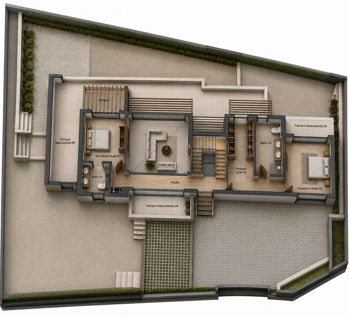 Planta superior con dos suites de dormitorio, un salón de doble altura y varias terrazas privadas. Incluye vestidor, dos baños y pérgola.