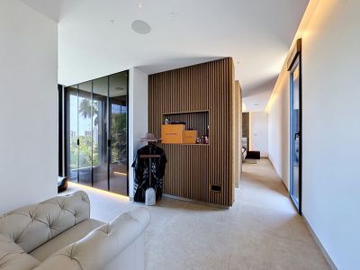 Pasillo moderno con una pared de listones de madera y nicho expositor. Grandes puertas de cristal dan a una terraza exterior con vegetación tropical, iluminado por luces integradas y de cala.