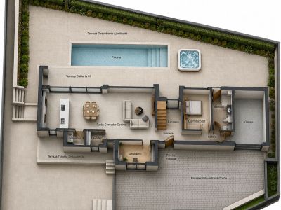 Plano de la planta baja con salón-comedor-cocina integrado, dormitorio, despacho, garaje y acceso directo a piscina, jacuzzi y terrazas ajardinadas.