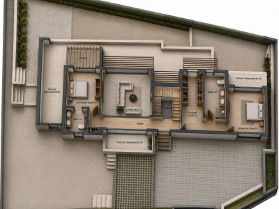 Planta superior con dos suites de dormitorio, un salón de doble altura y varias terrazas privadas. Incluye vestidor, dos baños y pérgola.