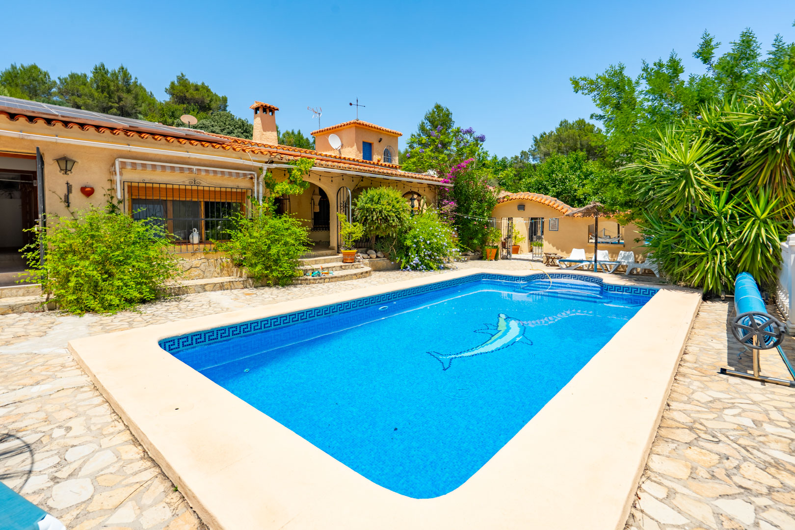 Piscina rectangular con mosaico azul y delfín, rodeada por una terraza de piedra y exuberante jardín mediterráneo. La casa principal con paneles solares es visible. Piscina rectangular con mosaico azul y delfín, rodeada por una terraza de piedra y exuberante jardín mediterráneo. La casa principal con paneles solares es visible.