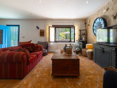 Acogedora sala de estar con sofá rojo a rayas, mesa de centro de baúl de madera rústica y pared de piedra con reloj azul grande y TV.