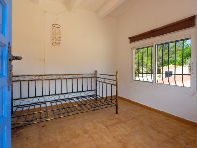Habitación luminosa con un marco de diván de metal, suelo de baldosas de terracota y techo con vigas blancas. Una puerta azul se abre al espacio, y la ventana con rejas ofrece vistas a la vegetación.