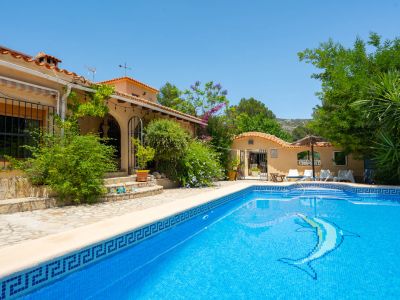 Piscina de mosaico azul con diseño de delfín y borde de greca, rodeada por un patio de piedra y edificios de estilo mediterráneo con abundante vegetación bajo un cielo despejado.