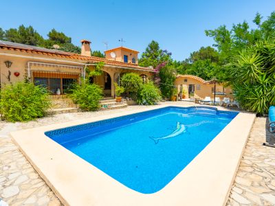 Piscina rectangular con mosaico azul y delfín, rodeada por una terraza de piedra y exuberante jardín mediterráneo. La casa principal con paneles solares es visible.