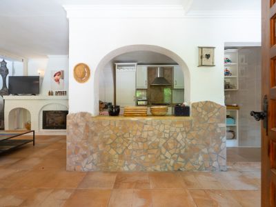 Zona de estar de planta abierta con suelos de terracota, chimenea blanca y paso arqueado con media pared de mosaico de piedra hacia la cocina semiabierta.