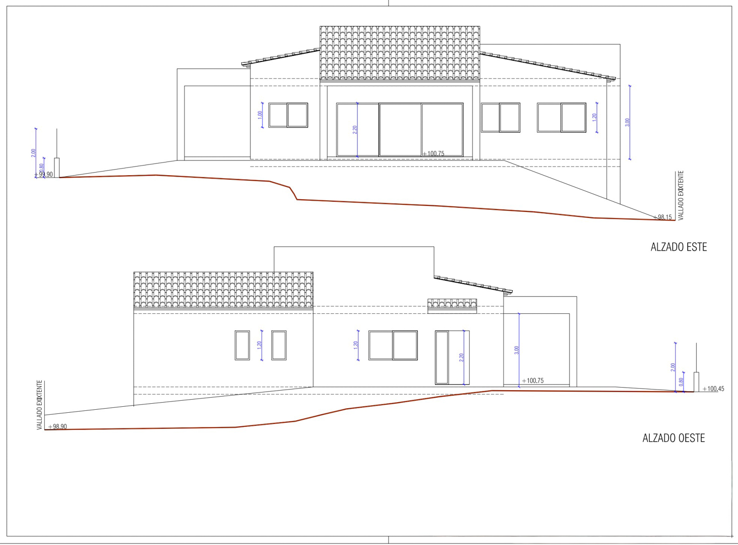 Alzados arquitectónicos detallan la villa de una planta propuesta, mostrando fachadas este y oeste con tejados de teja, ventanas variadas e integración con la pendiente natural del terreno.