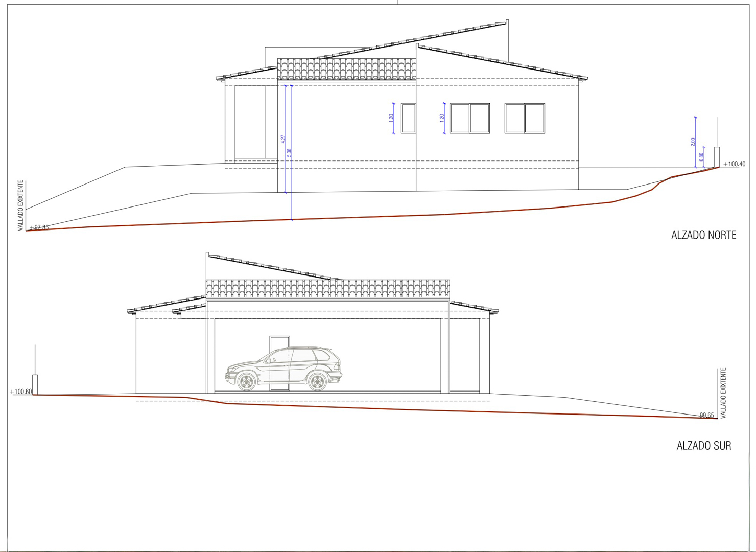 Alzados Norte y Sur de la villa unifamiliar propuesta, detallando el diseño del tejado, la ubicación de ventanas y el garaje con coche, integrado en el terreno.