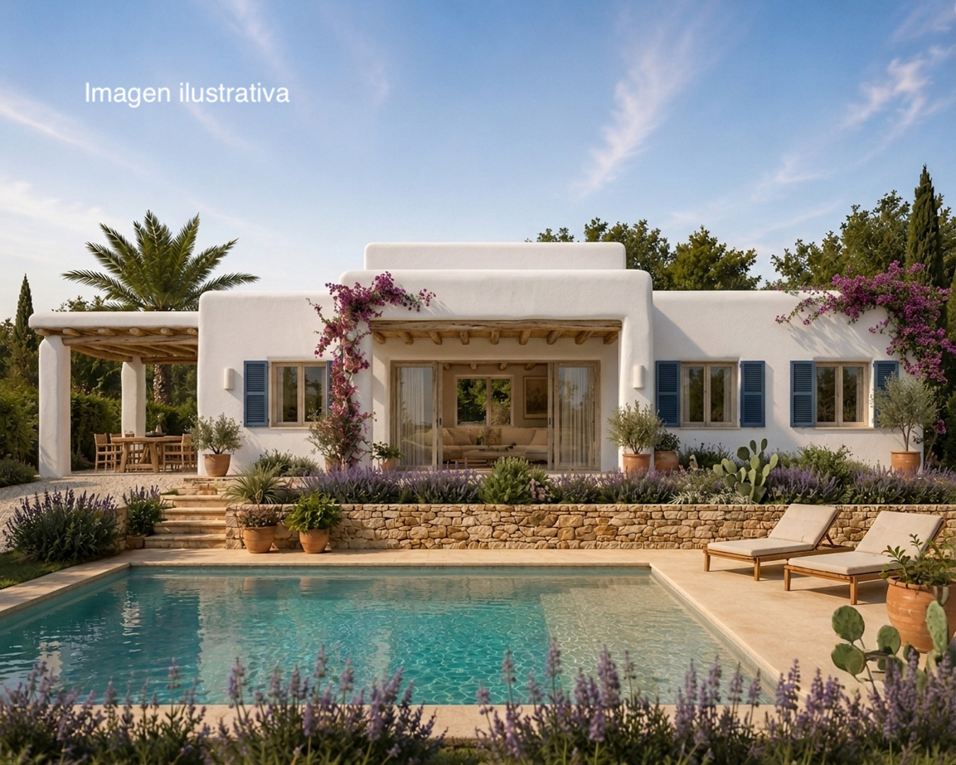 La fachada blanca de la villa, adornada con buganvillas y persianas azules, domina una piscina rectangular. Un muro de piedra y jardín mediterráneo con lavanda enmarcan el tranquilo espacio exterior.
