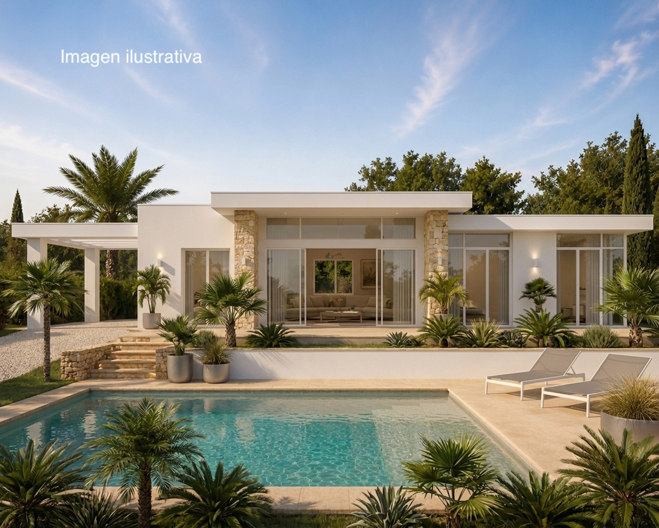 Villa moderna de una planta con fachada blanca, detalles de piedra natural y amplios ventanales. Incluye piscina rectangular, solárium con tumbonas y jardines mediterráneos.