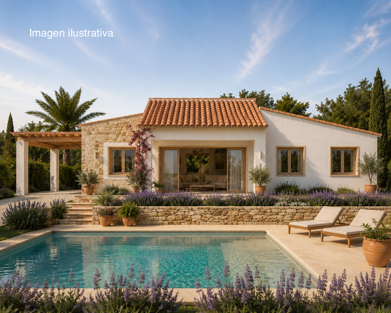 Vista exterior de la villa con tejado de teja, revestimiento de piedra natural y piscina rectangular con terraza pavimentada y jardines mediterráneos.