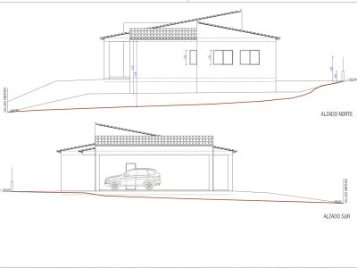 Alzados Norte y Sur de la villa unifamiliar propuesta, detallando el diseño del tejado, la ubicación de ventanas y el garaje con coche, integrado en el terreno.
