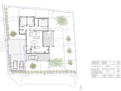 Plano arquitectónico detallado de una villa de una sola planta con tres dormitorios, mostrando la distribución interior, terrazas exteriores, aparcamiento y dimensiones de la parcela, junto a datos urbanísticos.
