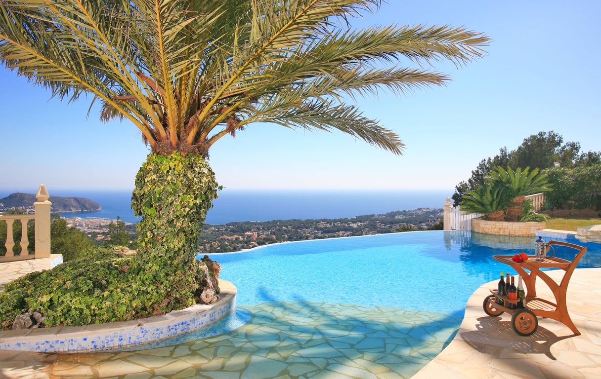 Piscina infinita con vistas panorámicas al mar y la costa, destacando una palmera cubierta de hiedra y un carrito de bar de madera en el solárium de piedra.