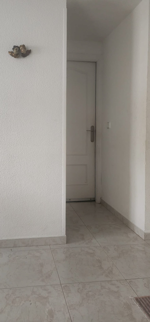 Pasillo interior con suelo de baldosas claras y paredes blancas texturizadas, mostrando una puerta panelada al fondo y un pequeño adorno en la pared.