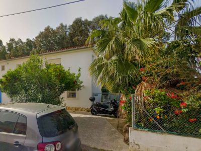 Vista exterior de la villa con entrada pavimentada, destacando un naranjo cargado de frutos, una palmera y exuberante vegetación mediterránea.