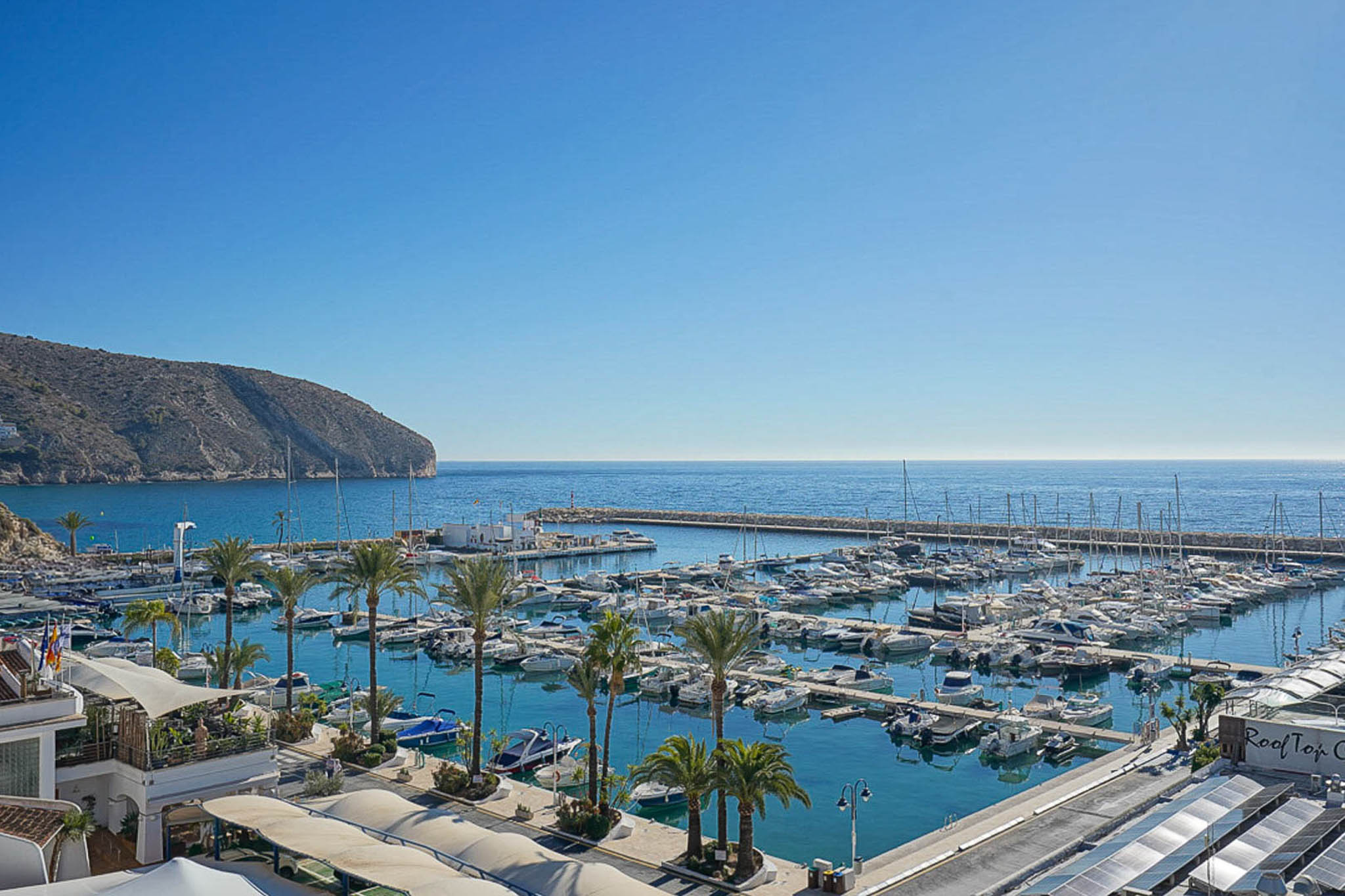 Marina animada con numerosos yates y embarcaciones en aguas turquesas, flanqueada por palmeras y una escarpada costa montañosa bajo un cielo despejado.
