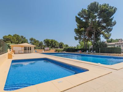 Amplia piscina comunitaria con un área infantil de 0.70m de profundidad, rodeada de frondosos pinos y un edificio de servicios, bajo un cielo despejado.