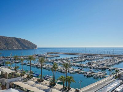 Marina animada con numerosos yates y embarcaciones en aguas turquesas, flanqueada por palmeras y una escarpada costa montañosa bajo un cielo despejado.