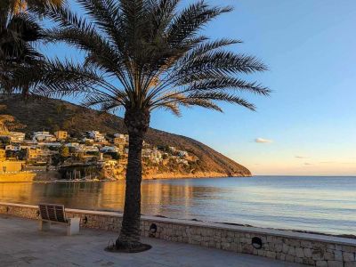 Vista de la bahía al atardecer, con una palmera en primer plano, un muro de piedra y un banco en el paseo marítimo, y casas en la ladera.