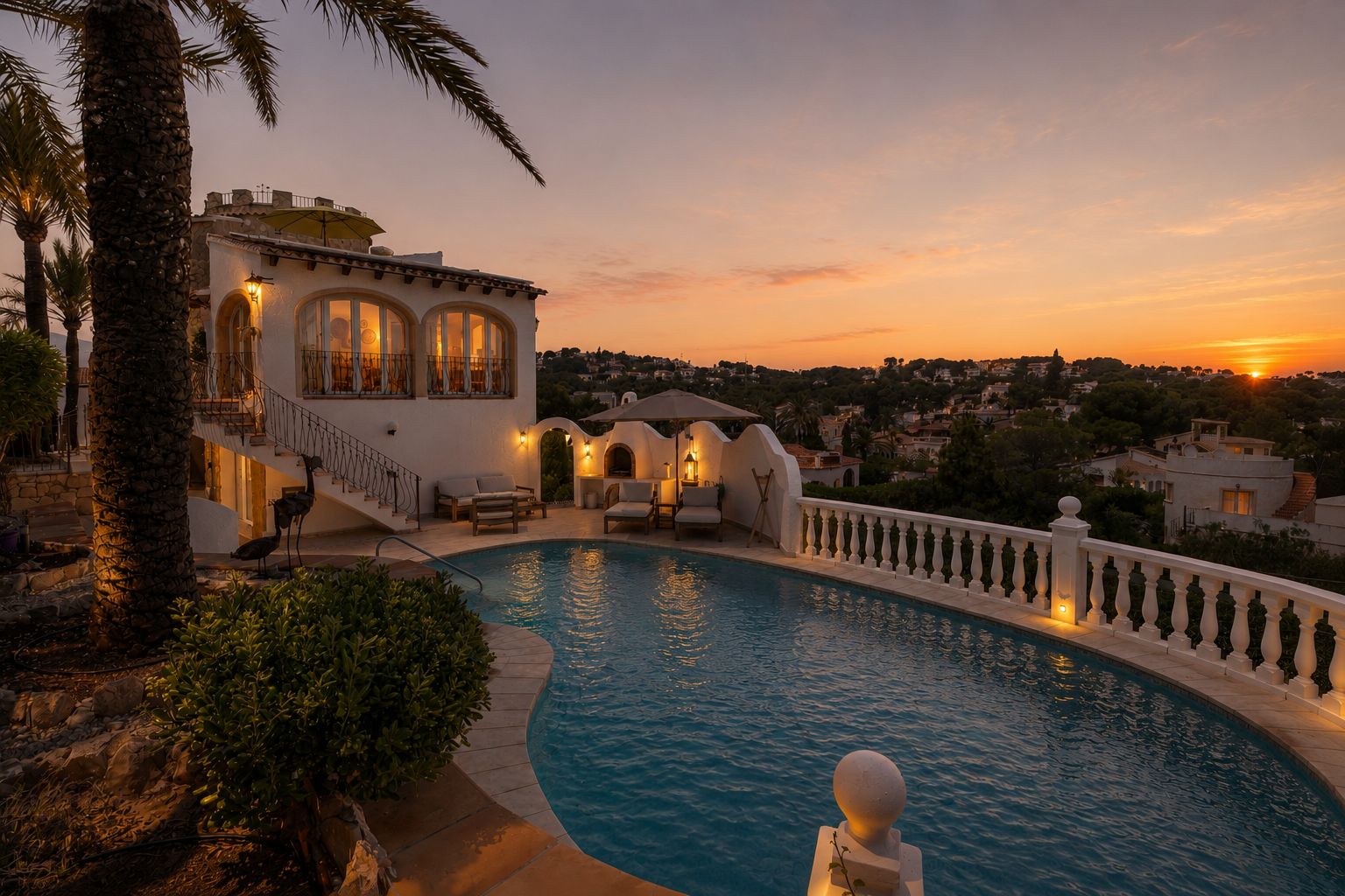 Exterior de la villa con piscina curva y balustrada iluminada, junto a una zona de estar al aire libre y ventanas arqueadas, todo bajo el cálido resplandor del atardecer.