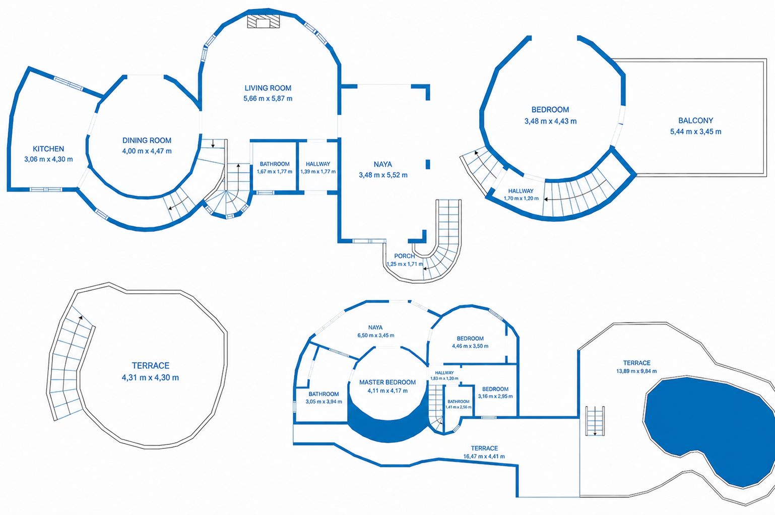 Plano detallado de la villa, mostrando la distribución de estancias y dimensiones. Incluye salón, comedor, cocina, dormitorios, terrazas y piscina.