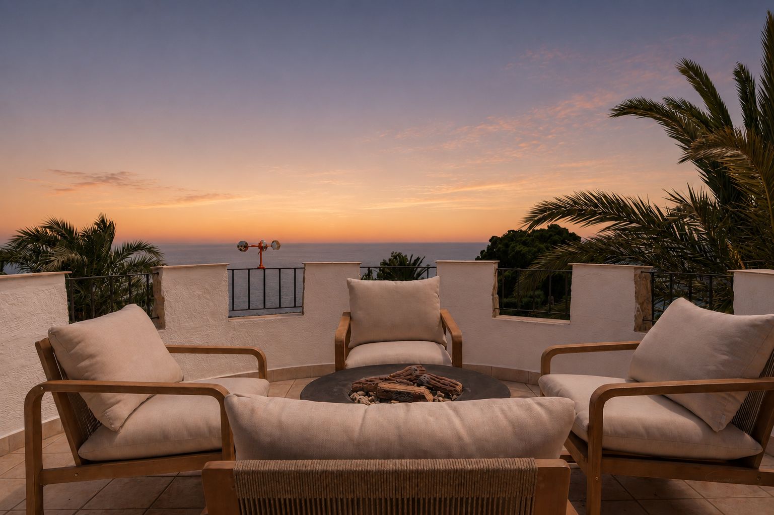 Terraza en la azotea con cuatro sillas de madera y cojines claros alrededor de una hoguera, ofreciendo vistas panorámicas al mar y palmeras bajo un cielo de atardecer vibrante.