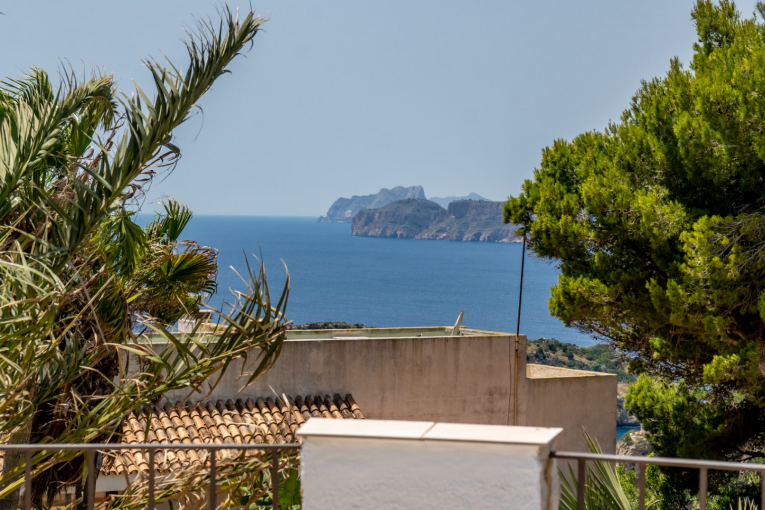 Vista panorámica al mar con costa rocosa distante, enmarcada por palmeras y pinos. Tejas de terracota tradicionales son visibles abajo.