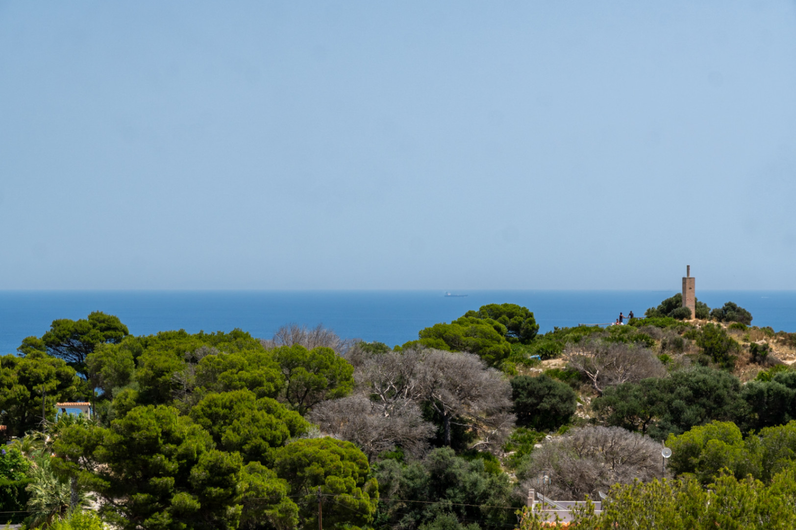 Vista panorámica al mar Mediterráneo en Jávea, enmarcada por densa vegetación, con una torre en la colina y un barco en el horizonte.