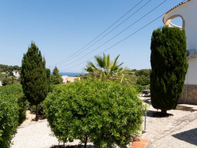 Jardín mediterráneo con sendero de grava, exuberante vegetación y cipreses, ofreciendo una vista lejana al mar bajo un cielo azul.