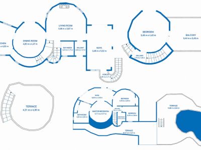 Plano detallado de la villa, mostrando la distribución de estancias y dimensiones. Incluye salón, comedor, cocina, dormitorios, terrazas y piscina.