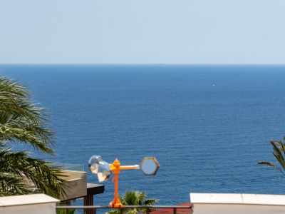 Vista panorámica del mar Mediterráneo enmarcada por palmeras, con el borde de una terraza moderna y un anemómetro decorativo en primer plano.