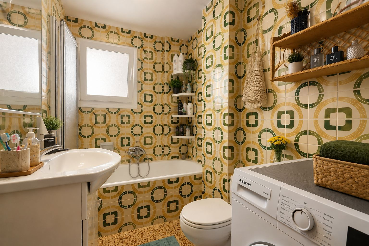 El baño completo presenta azulejos con un distintivo patrón geométrico en tonos amarillo y verde, un lavabo con mueble, bañera con mampara y lavadora integrada, iluminado por una ventana esmerilada. El baño completo presenta azulejos con un distintivo patrón geométrico en tonos amarillo y verde, un lavabo con mueble, bañera con mampara y lavadora integrada, iluminado por una ventana esmerilada.