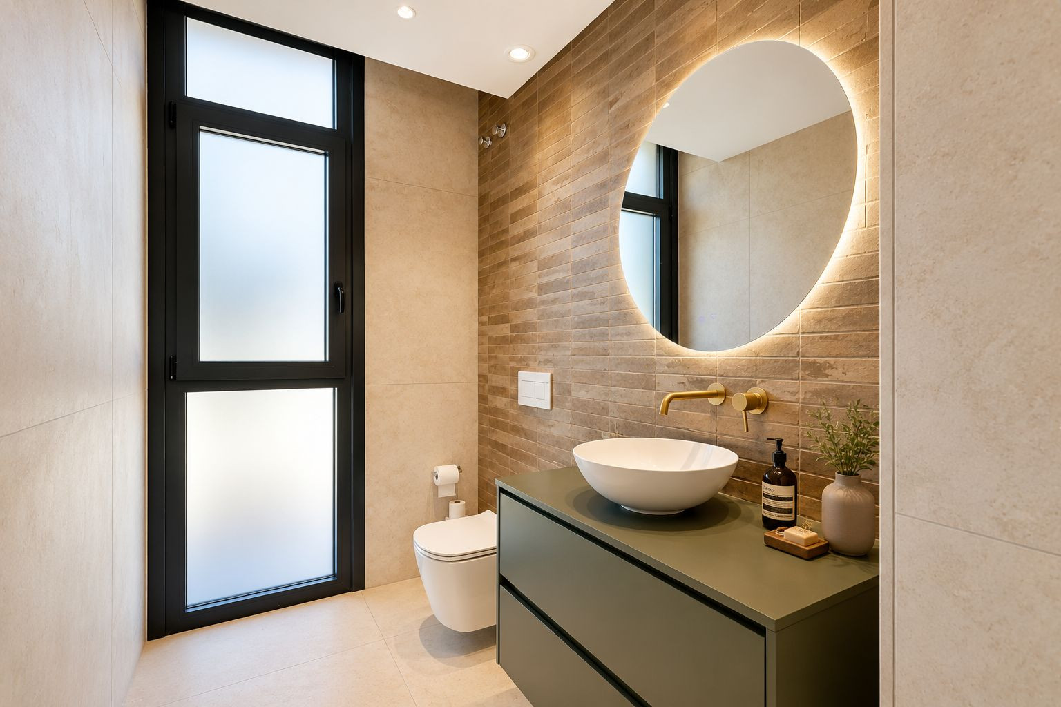 Baño con lavabo de diseño sobre mueble verde oliva, grifería dorada y espejo redondo retroiluminado. Destaca la pared de azulejos texturizados y la ventana esmerilada.