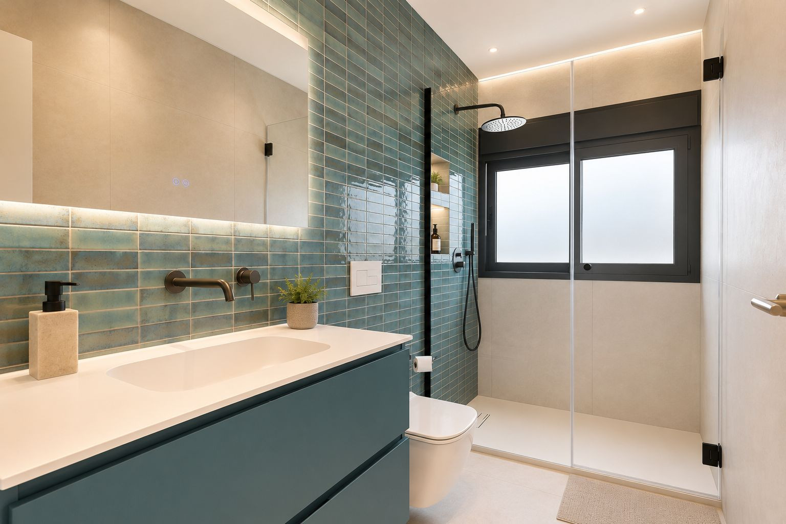 Baño moderno con pared de azulejos turquesa, grifería negra empotrada y amplia ducha con mampara de cristal, ventana esmerilada y nichos iluminados.