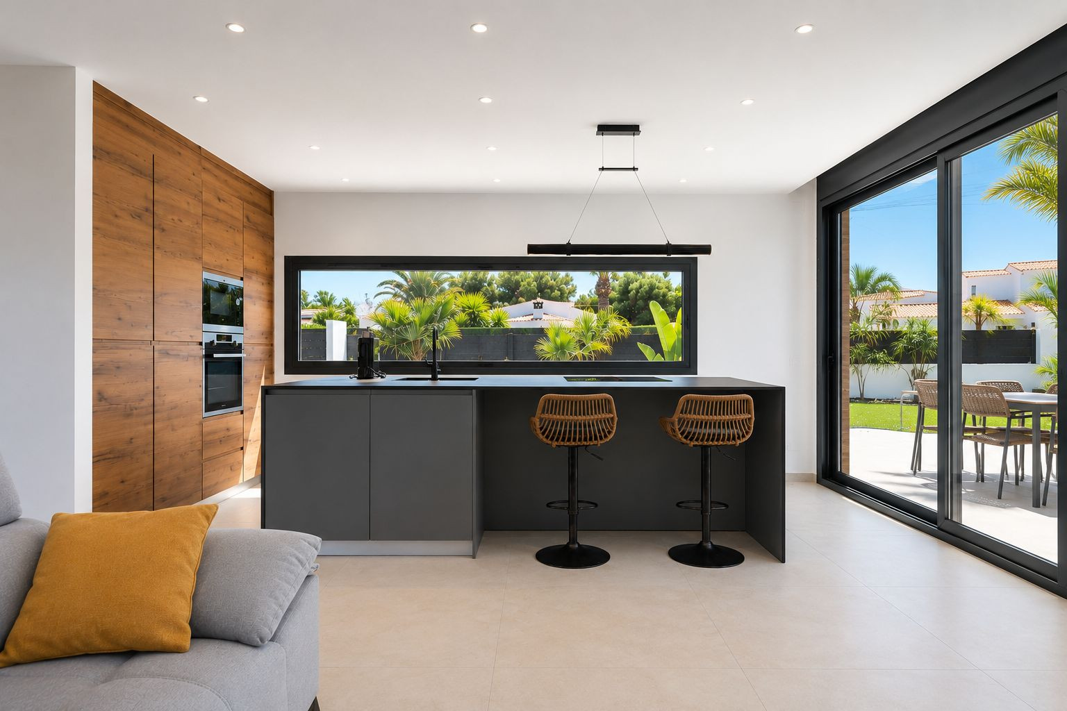Cocina moderna con isla central, equipada con electrodomésticos integrados y barra con taburetes de ratán. Grandes ventanales ofrecen vistas al jardín y acceso directo al exterior.
