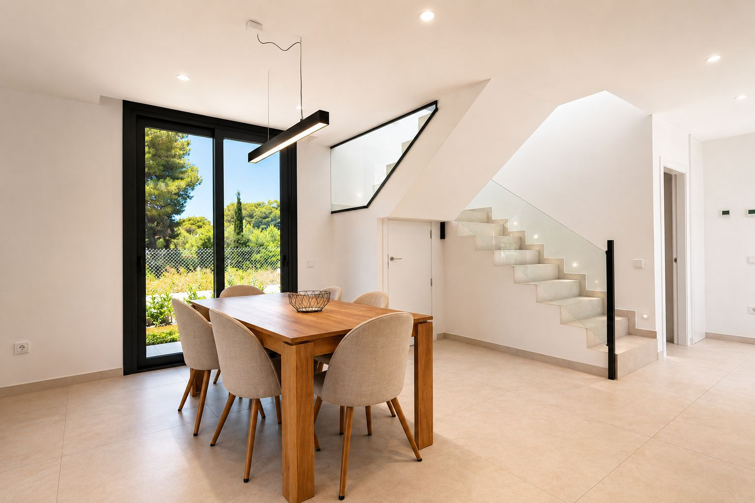 Comedor moderno con mesa de madera clara y seis sillas tapizadas, bajo una lámpara colgante lineal. Junto a él, una escalera contemporánea con peldaños iluminados y barandilla de cristal.