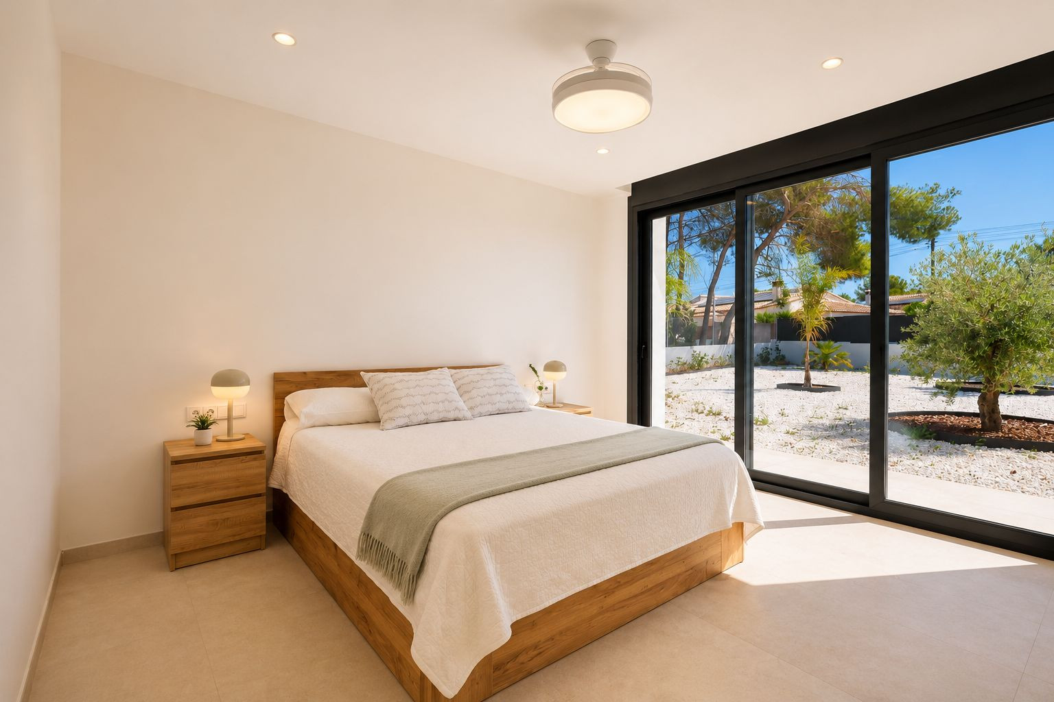 Dormitorio con cama de madera, mesitas a juego y acceso directo a un jardín de grava a través de amplias puertas correderas de cristal. Iluminación empotrada y ventilador de techo.