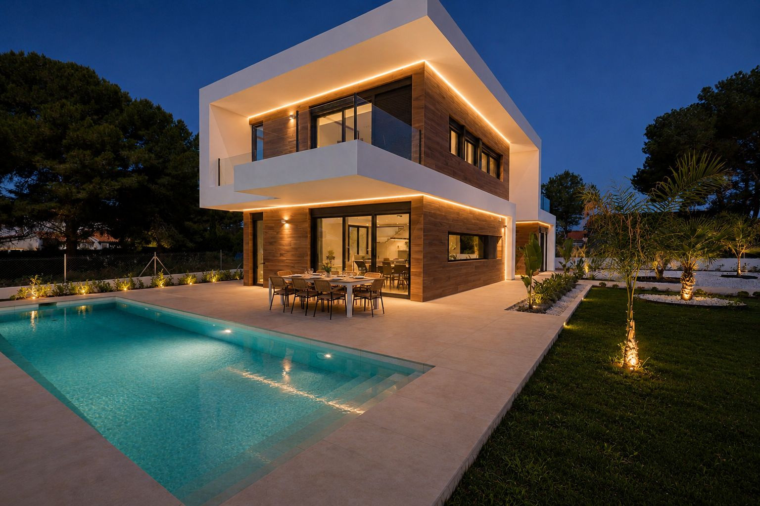 Exterior de la villa moderna al anochecer, con líneas arquitectónicas definidas, revestimiento de efecto madera y cálida iluminación LED perimetral. Piscina privada y terraza comedor exterior iluminadas, rodeadas de jardín.