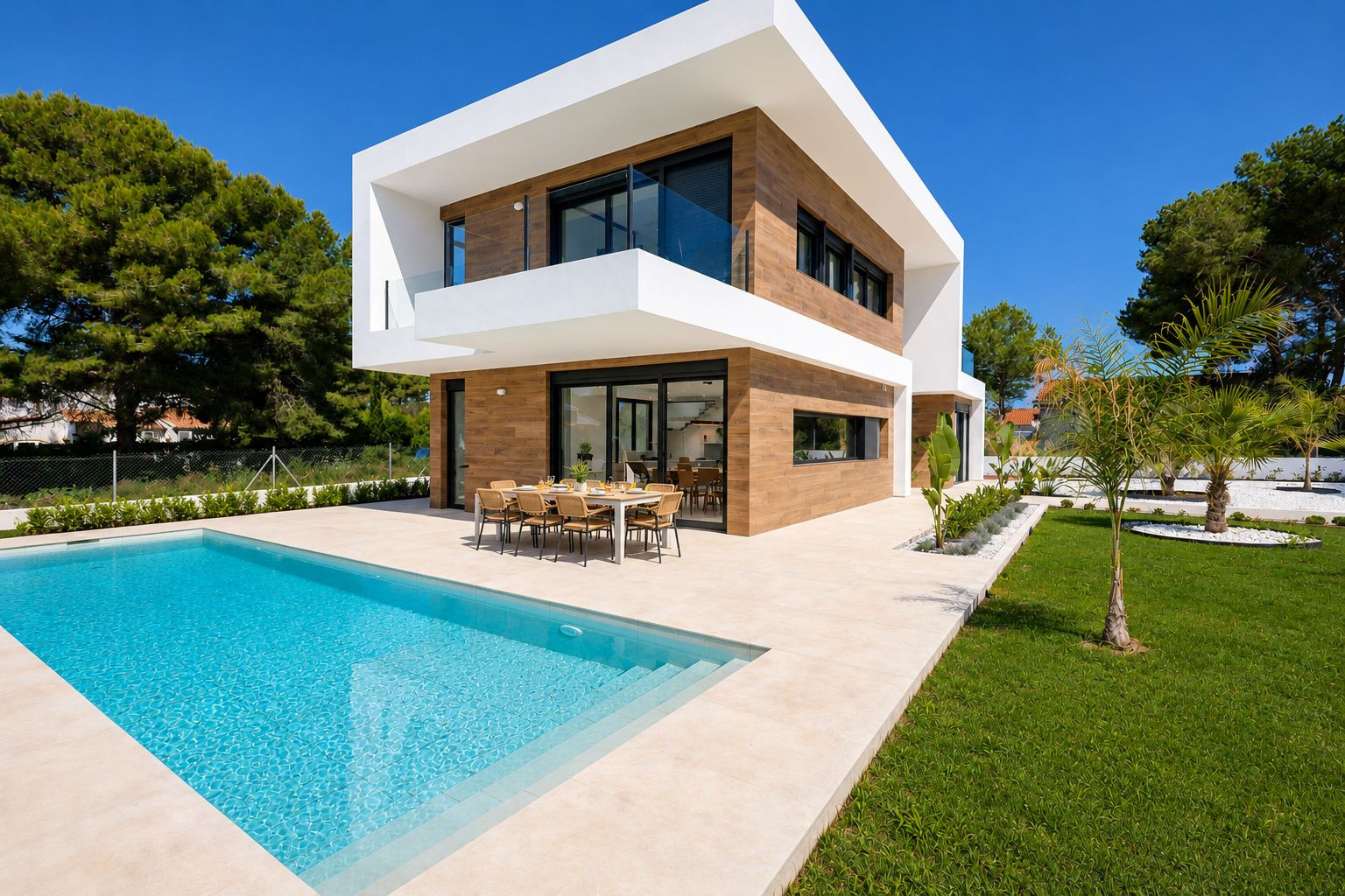 Exterior de villa moderna con piscina privada rectangular y amplia terraza de gres. Un comedor exterior junto a grandes puertas de vidrio, realzado por revestimiento de madera y jardines cuidados.